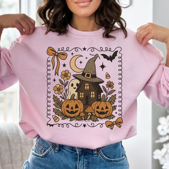 Haunted House Ghost Halloween Sweatshirt, Witch Hat Pumpkin Crewneck