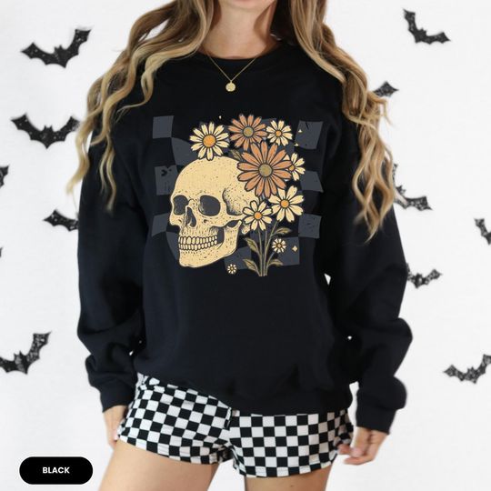 Discover Vintage Skull with Daisies Sweatshirt, Retro Floral Skeleton Shirt