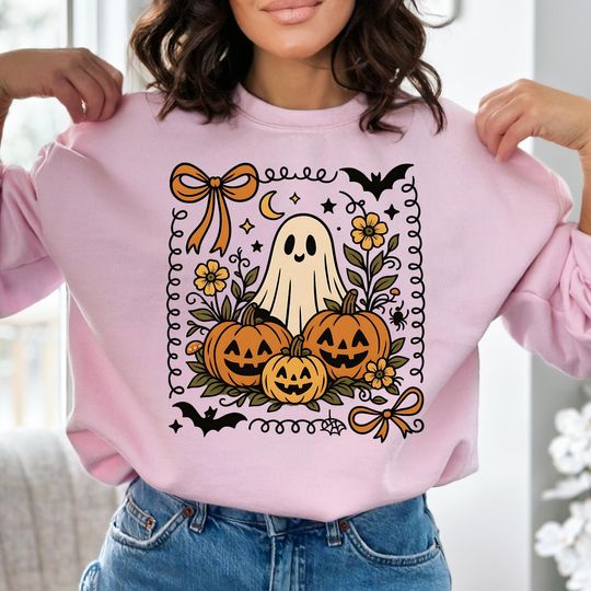 Discover Ghost Pumpkin Halloween Sweatshirt, Cute Vintage Floral Crewneck Sweatshirt