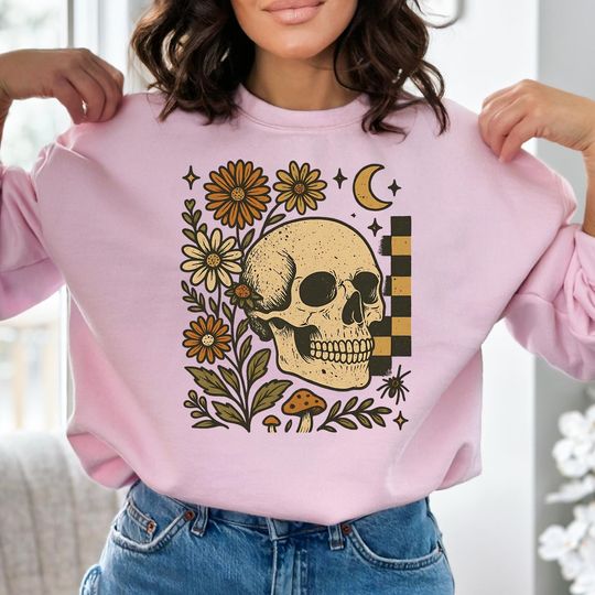 Discover Floral Skull Halloween Sweatshirt, Vintage Gothic Moon & Daisy Crewneck