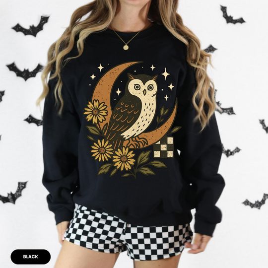 Discover Owl Moon Vintage Floral Shirt, Boho Owl Sweatshirt, Retro Owl Graphic Tee