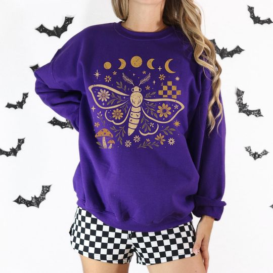 Discover Moth & Moon Floral Graphic Sweatshirt, Witchy Aesthetic Shirt