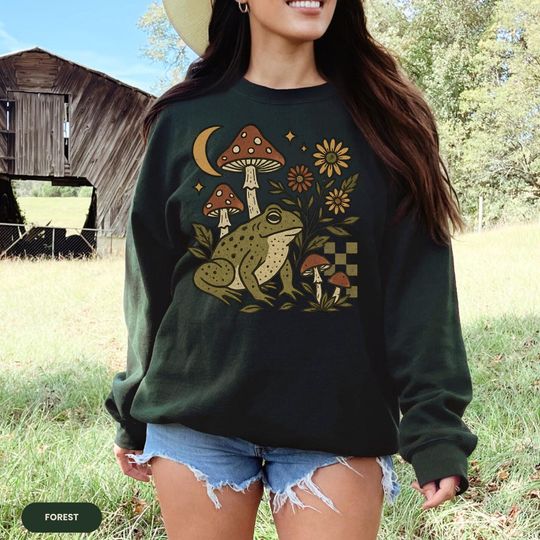 Discover Frog Mushroom Floral Retro Sweatshirt, Cute Boho Nature Graphic Tee