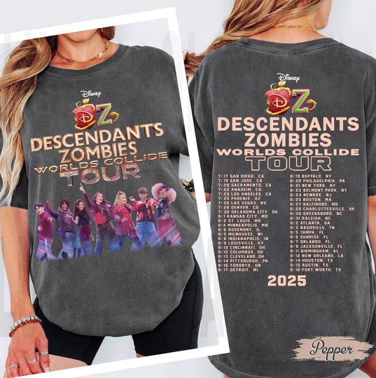 Descendants Zombies World Tour 2-Sided Shirt, Worlds Collide Concert Tee, Disney Zombies 4 Girls Trip Matching Outfit, Zombies Skye Shirt