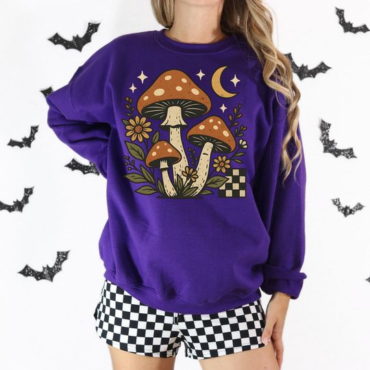Mushroom Moon and Floral Print Sweatshirt, Boho Mushrooms Shirt