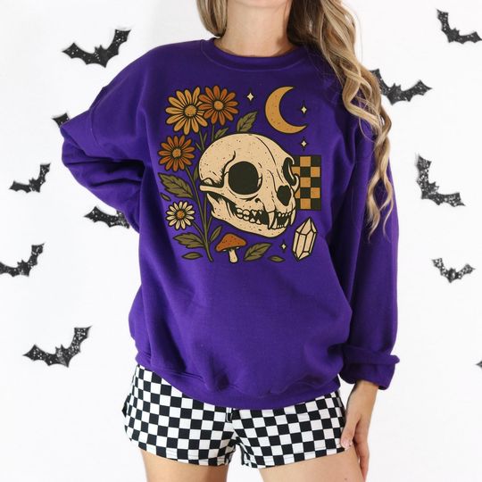 Discover Vintage Skull Floral Mushroom Shirt, Retro Moon Crystal Sweatshirt