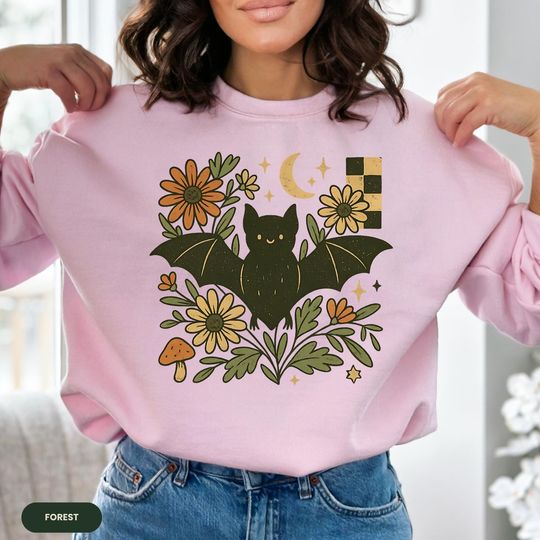 Discover Cute Retro Floral Bat Halloween Shirt, Vintage Moon Star Graphic Tee