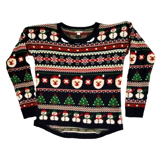 Ugly Christmas Sweater Womens Large Pull On Fair Isle Santa Snowman Xhilaration