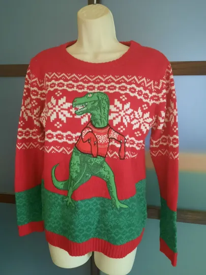Women's Ugly Christmas Sweater T Rex Dinosaur Red Green Size Large 14 16