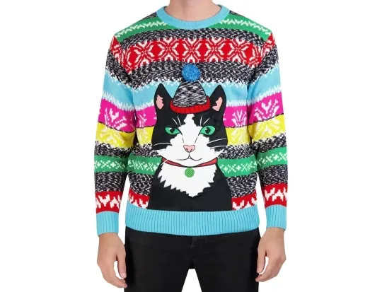 Holiday Hype Cat Kitty Christmas Striped Pullover Ugly Sweater