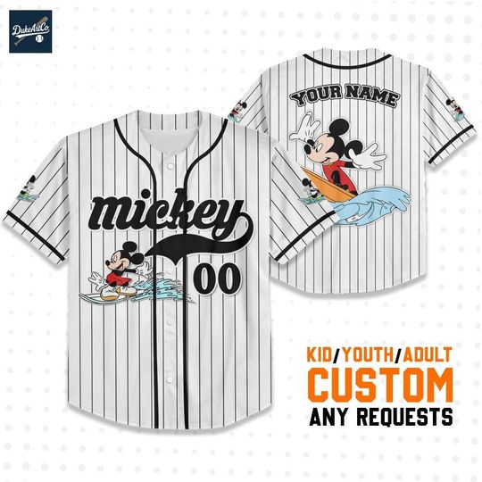 Personalize Disney Mickey Mouse Ride The Wave White Black Jersey, Baseball Jersey, Custom Disney Birthday Gift