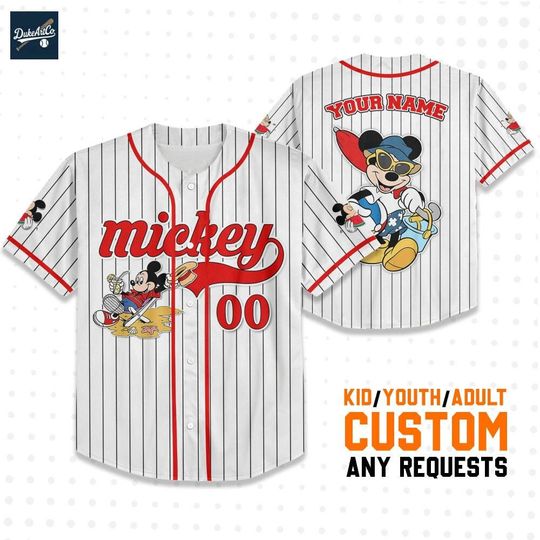 Personalize Disney Mickey Mouse Summer Time White Red Jersey, Baseball Jersey, Custom Disney Birthday Gift