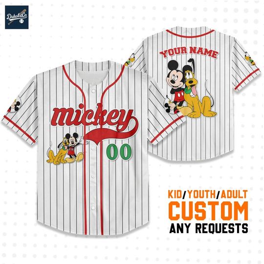 Personalize Disney Mickey Mouse And Pluto White Red Jersey, Baseball Jersey, Custom Disney Birthday Gift