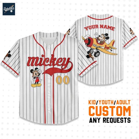 Personalize Disney Mickey Mouse Fly A Plane White Red Jersey, Baseball Jersey, Custom Disney Birthday Gift
