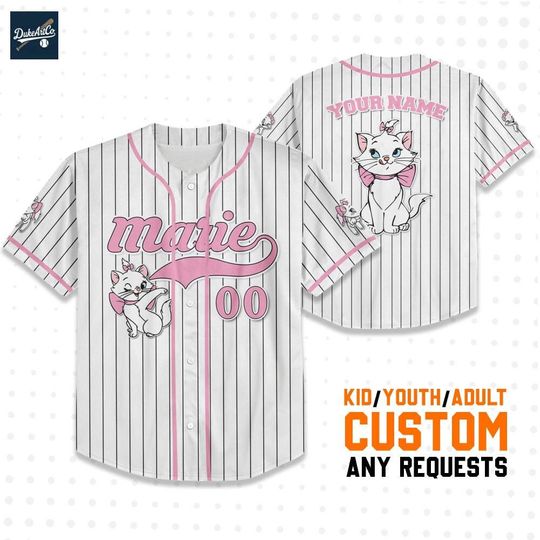 Personalize Disney The Aristocats Marie White Pink, Baseball Jersey, Custom Disney Birthday Gift