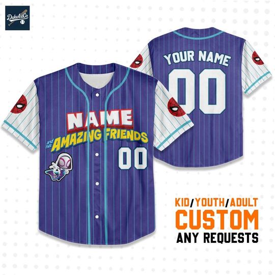 Discover Personalized Spidey And His Amazing Friends Purple Color and White Sleeve, Custom Name and Number Spidey Baseball Jersey Team