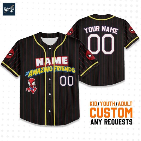 Discover Personalized Spidey And His Amazing Friends Black Color, Custom Name and Number Spidey Baseball Jersey Team, Disney Baseball Team Outfit