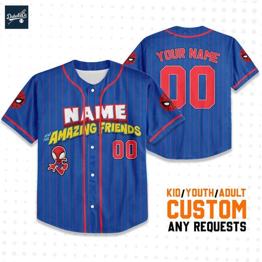 Discover Personalized Spidey And His Amazing Friends Blue Color, Custom Name and Number Spidey Baseball Jersey Team, Disney Baseball Team Outfit