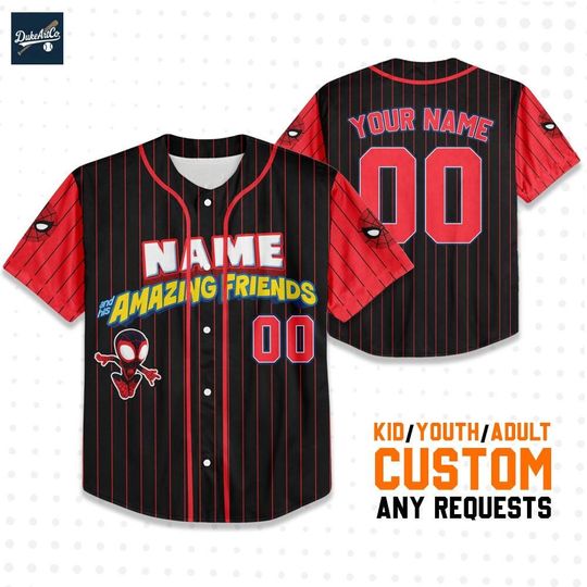 Discover Personalized Spidey And His Amazing Friends Black Color and Black Sleeve, Custom Name and Number Spidey Baseball Jersey Team