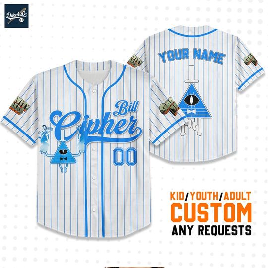 Custom Blue Bill Cipher Baseball Jersey Gold, Personalized Disneyland Jersey, Baseball Team, Gravity Falls Birthday, Gift for Disney Fan