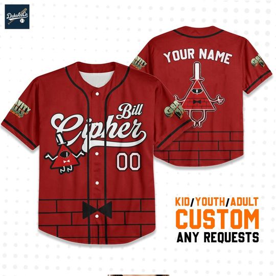 Custom Bill Cipher Red Baseball Jersey Gold, Personalized Disneyland Jersey, Baseball Team, Gravity Falls Birthday, Gift for Disney Fan