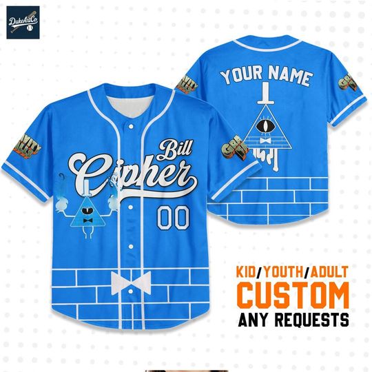 Custom Bill Cipher Blue Baseball Jersey Gold, Personalized Disneyland Jersey, Baseball Team, Gravity Falls Birthday, Gift for Disney Fan