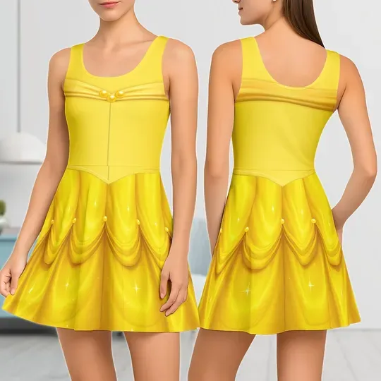Disney Belle Skater Dress, Beauty and the Beast Cosplay Dress, Disney Princess Cosplay Outfit, Halloween Disneybound Cosplay Dress