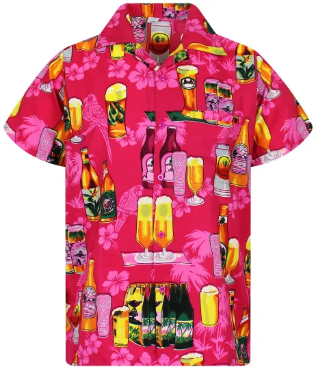 Funky Hawaiian Shirt with Beer Bottle Print Pink