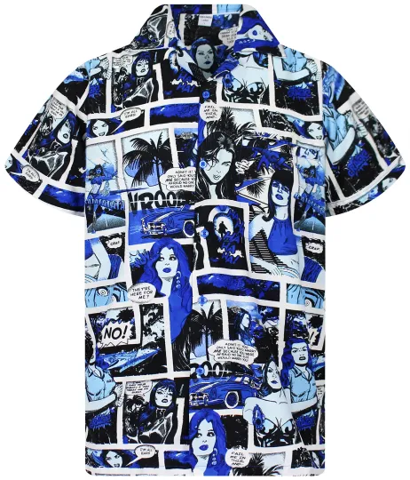 Discover Funky Hawaiian Shirt Comic Superheroes Mono Blue Different Sizes