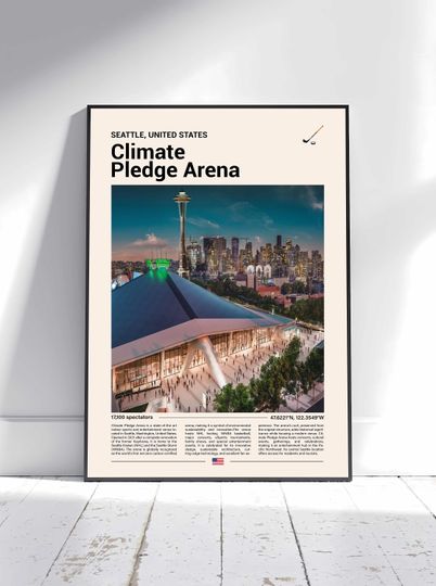Climate Pledge Arena Poster, Seattle Kraken Poster Print, NHL Arena Poster, Sports Poster, Mid Century Modern, Hockey Fan Gift Print