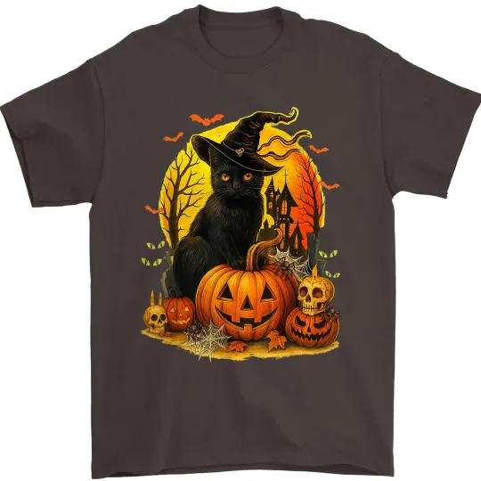 Discover Halloween Black Cat Witch T-Shirt Pumpkin Skull Graphic Tee Unisex