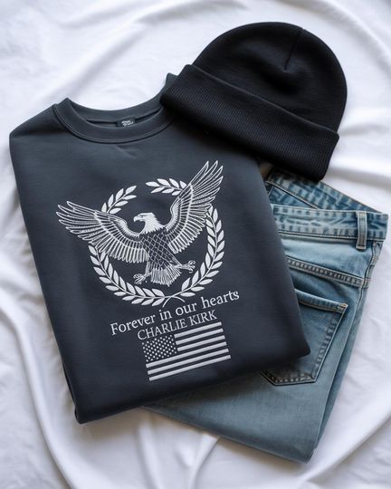 Discover Charlie Kirk Memorial Embroidered Shirt, Patriotic Eagle Wreath Forever in Our Hearts Shirt, Conservative Tribute, Justice for Charlie Kirk
