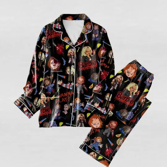 Chucky And Tiffany Pajamas Set, Chucky Doll Holiday Pajamas, Horror Movie Characters, Halloween Matching Family Pajamas