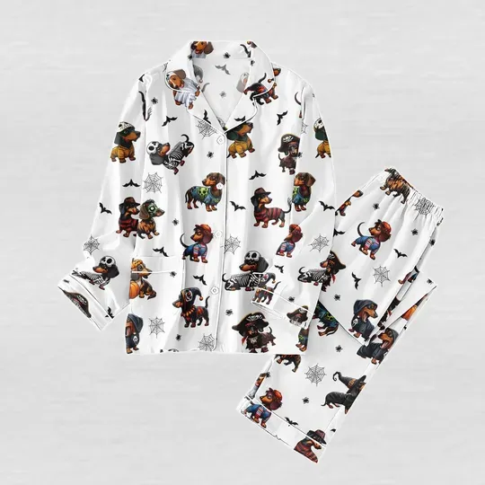 Halloween Dachshund Pajamas Set, Dog Pumpkin Bat Woman Pajamas, Spooky Fall Nightwear Costume, Dog Lovers Matching Family Pajamas