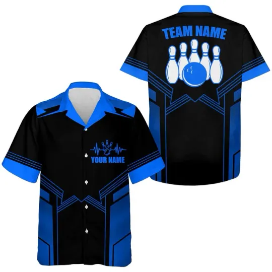 Hawaiian Bowling Shirt For Men, Custom Blue Bowling Team Hawaiian Shirt