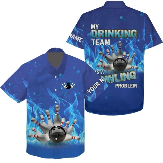 Customize Name Bowling Blue Flame Unisex Hawaiian Shirt