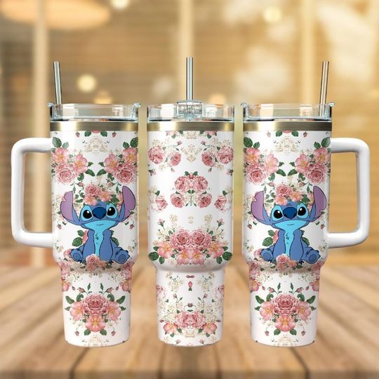 Stitch Flowers Tumbler 40oz, Disney Summer Vacation Tumbler, Ohana Means Family Tumbler, Stich Movie Cup For Lovers