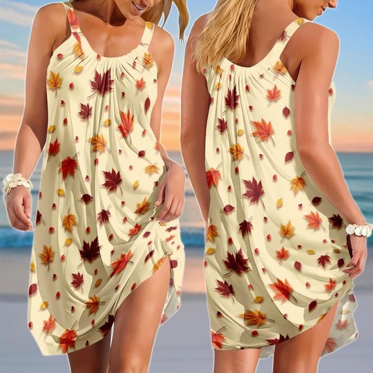 Fall Maple Leaves Sling Summer Dress, Retro Autumn Women Dress, Cute Fall Sundress, Beige Leaf Beach Dress, Halloween 2025 Gifts