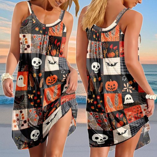 Halloween Patchwork Sling Summer Dress, Skeleton Bats Women Dress, Fall Festival Dress, Funny Skull Holiday Outfits For Women