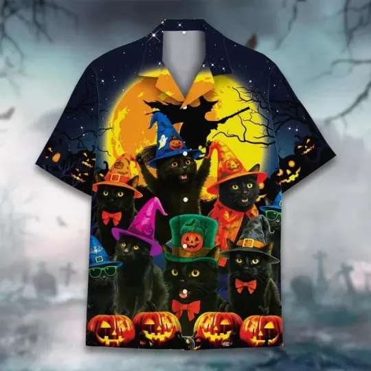 Discover Halloween Hawaiian Shirt with Black Cat