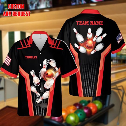 Personalized Bowling Hawaii Shirt with Name & Team Name, Custom Any Request Aloha Shirt for Bowlers, Bowling Team Matching Outfit