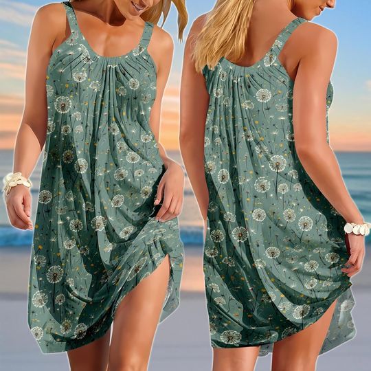 Discover Dandelion Sling Summer Dress, Botanical Women Dress, Vintage Flower Dress, Minimal Plant Dress