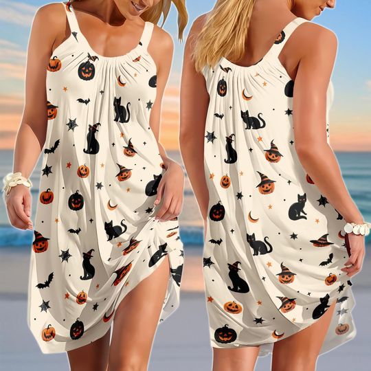 Cat Sling Summer Dress, Retro Halloween Women Dress, Cute Fall Sundress, Spooky Witchy Beach Dress, Halloween Gifts For Her
