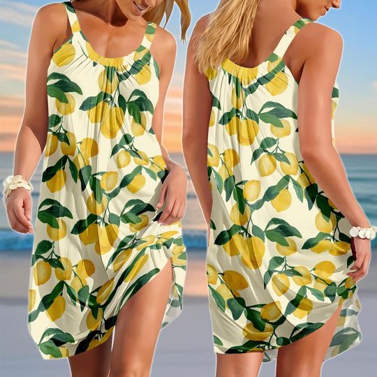Lemon Sling Summer Dress, Citrus Pattern Women Dress, Fruit Summer Sundress, Fresh Dress For Vacation, Gift For Her