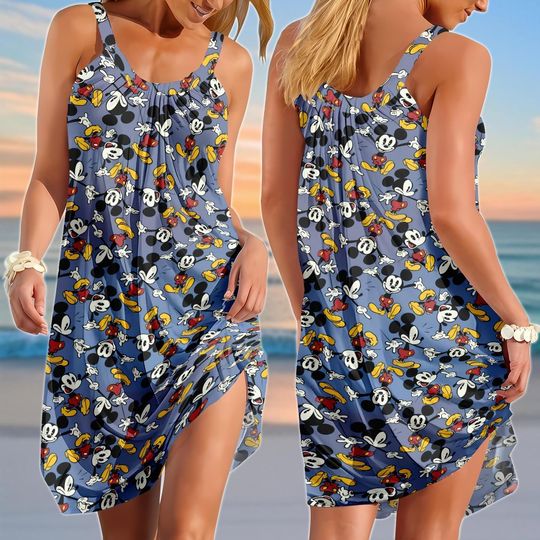 Vintage Mickey Mouse Sling Summer Dress, Disney Mouse Sundress For Women, Funny Cartoon Beach Dress, Girly Family Vacation Outfit