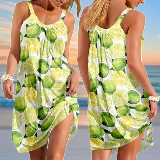 Lime Lemon Sling Summer Dress, Fresh Citrus Fruit Sundress For Women, Dress For Beach Trip, Girly Vacation Outfit