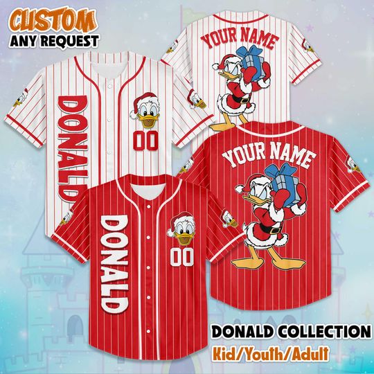 Discover Personalized Donald Duck Christmas Baseball Jersey, Custom Disney Holiday Shirt, Matching Family Outfit, Disney Fan Gift