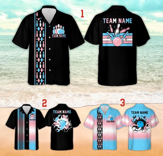 Personalized Name Trans Pride Bowling Hawaiian Shirt, Custom Color LGBTQ+ Bowling Button Up Shirt, Matching Bowling Team Shirt For Bowlers