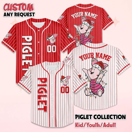 Discover Personalized Piglet Christmas Baseball Jersey, Custom Winnie the Pooh Holiday Shirt, Disney Piglet Jersey, Matching Family Christmas Tee