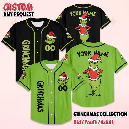 Personalized Grin Christmas Baseball Jersey, Custom funny character Xmas Shirt, Holiday Matching Outfit, Funny Christmas Gift for Fans